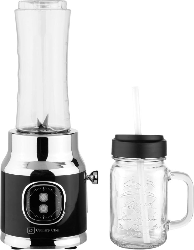 CULINARY CHEF Retro Smoothie Maker Personal Blender with Mason Jar, Perfect for Shakes and Smoothies, Countertop, Dishwasher Safe, BPA-Free, High Power 300W, Black - Image 1